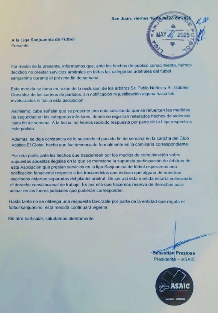 Árbitros sanjuaninos van a paro y no dirigirán los partidos el fin de semana
