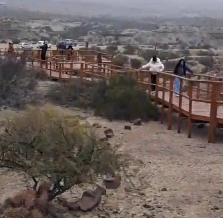 Postales invernales: nieve y pasarelas congeladas en el Parque Ischigualasto