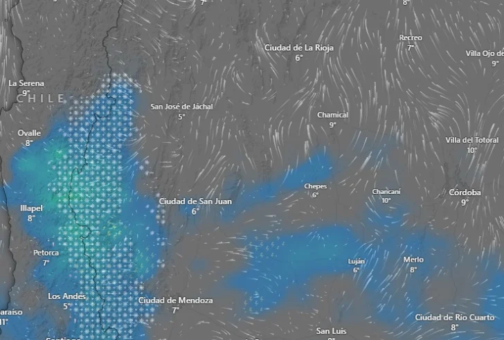 Así avanza la ola de frío polar en San Juan: imágenes satelitales muestran nieve, viento y lluvias