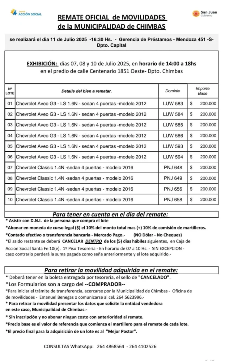 Chimbas pone en remate diez vehículos | Diario La Provincia San Juan